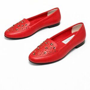 Elegant Red Studded Loafers for Women